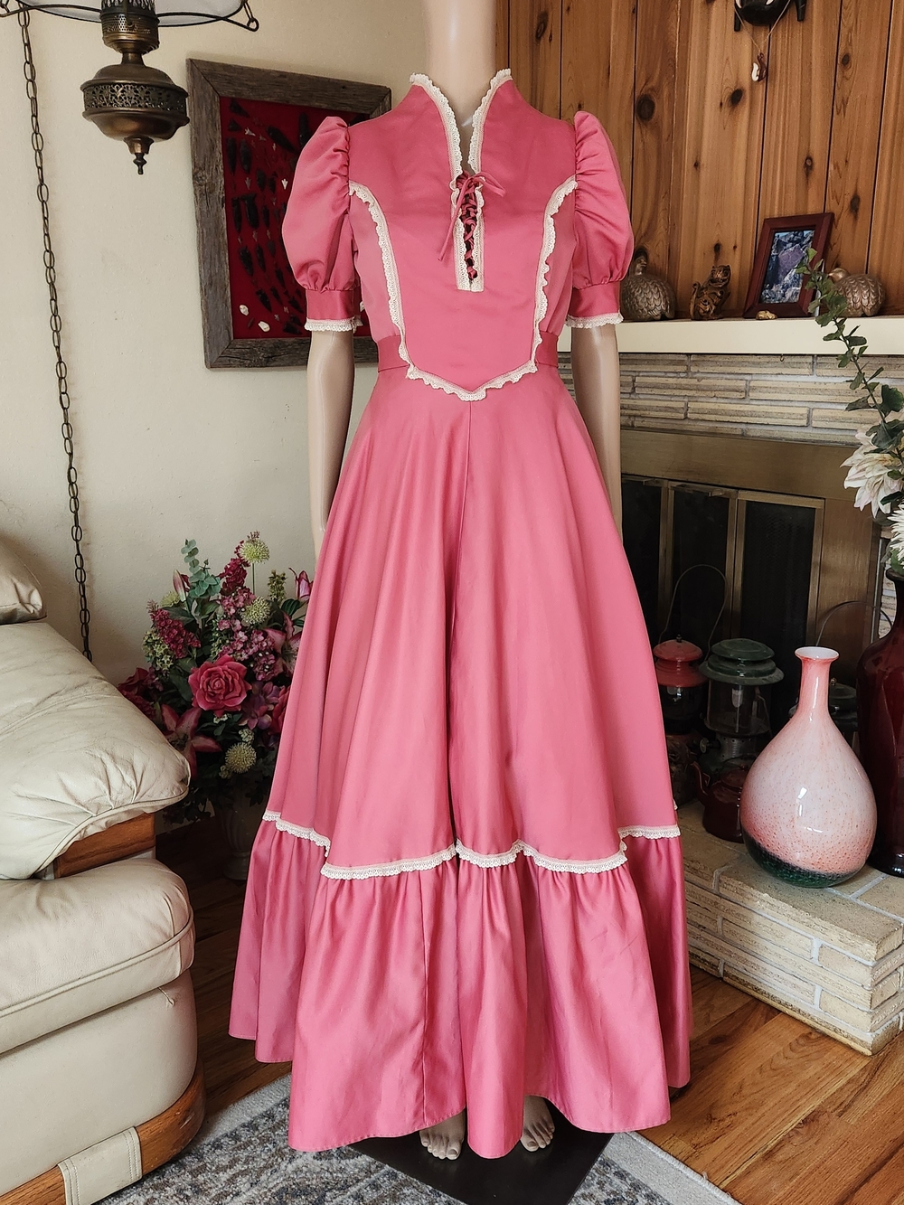 Vintage 70s Pink Prairie Maxi Dress | Victorian Revival Ruffles